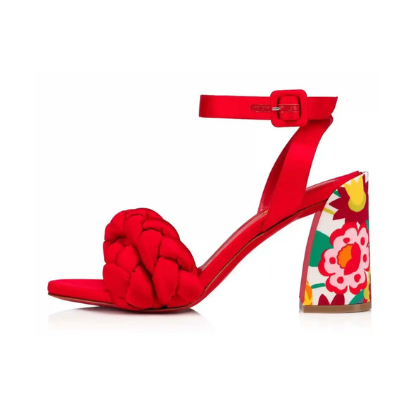 Christian Louboutin Brio 85 Red Floral Ankle Strap Sandal Block Heel Pump 37 - Picture 3 of 12